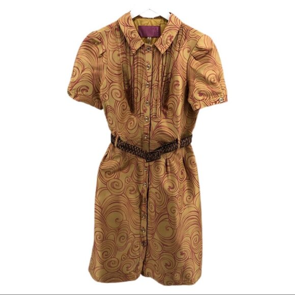 Orange Maghal Golden Yellow Purple Pattern Retro Belted Button Silk Cotton Dres - Picture 1 of 7